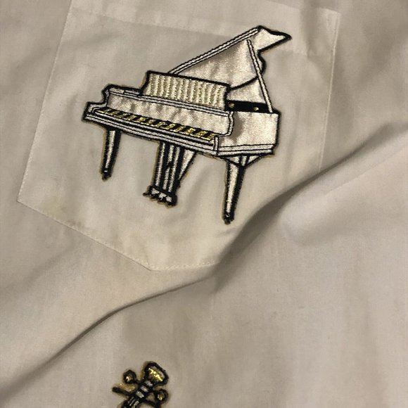 womens button down shirt band instruments small vintage saxophone drum piano - Picture 3 of 10